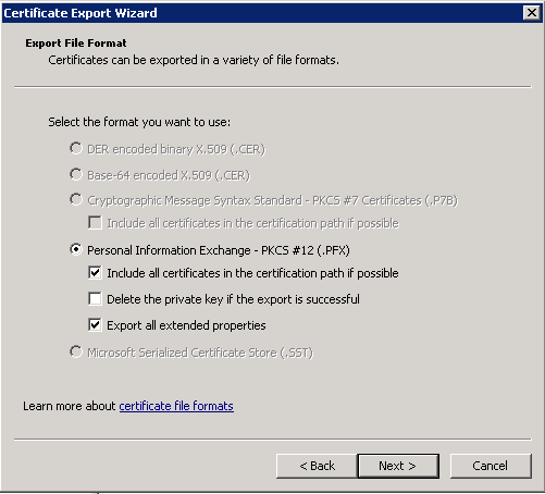 certificate export wizard window