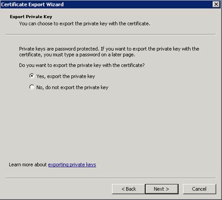 certificate export wizard window