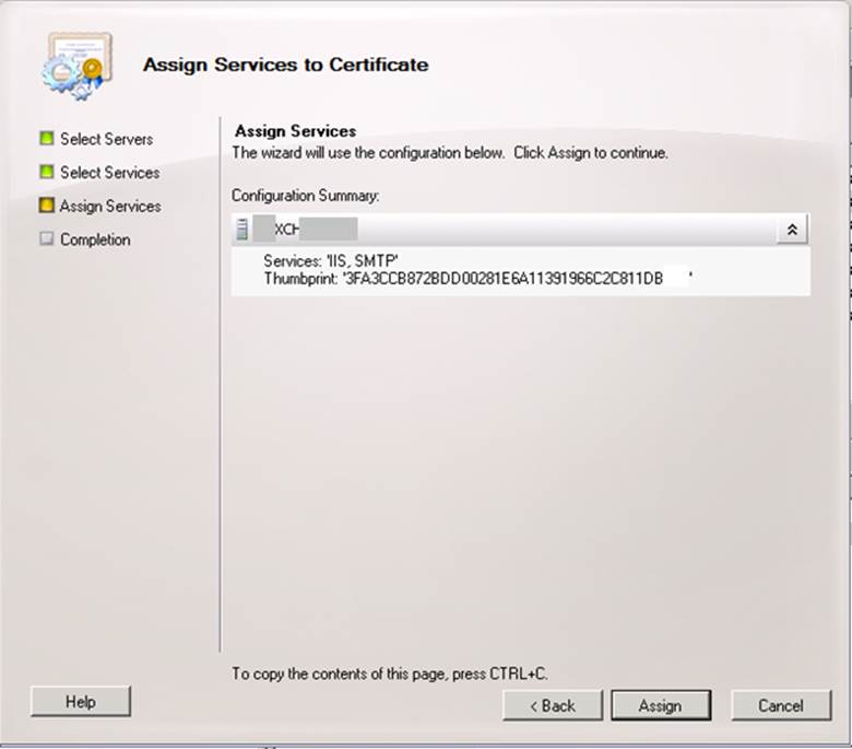 certificate assignment window