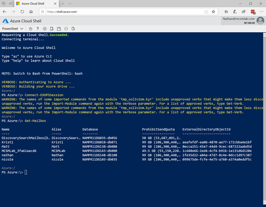 Managing Exchange Online with Azure Cloud Shell