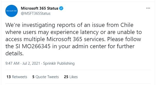 Microsoft announces M365 service issue for users in Chile