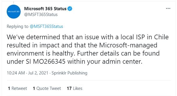 Microsoft confirms is was with local ISP in Chile, not with MSFT