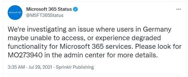 Microsoft first announces issue on Twitter