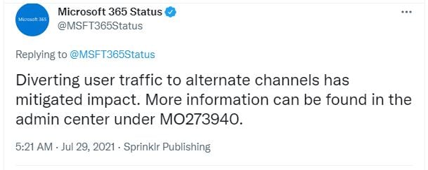Microsoft mitigates issue by diverting user traffic