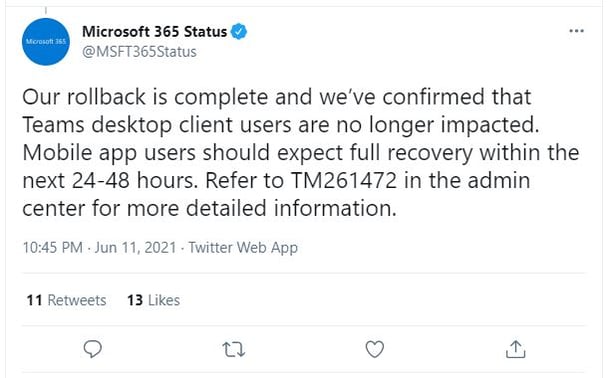 Microsoft 365 services back up after hours of outage
