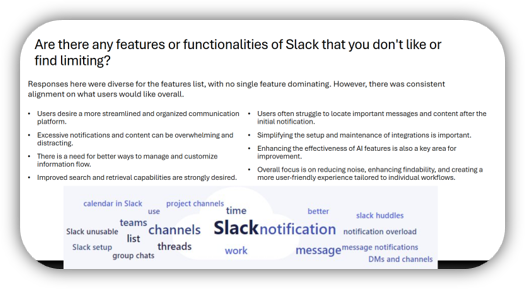 Change management user survey results showing feedback on disliked features, with a word cloud highlighting notifications, channels, threads, and messages.