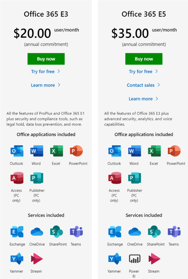 Microsoft Pricing screenshots