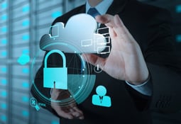 businessman touching virtual cloud and padlock