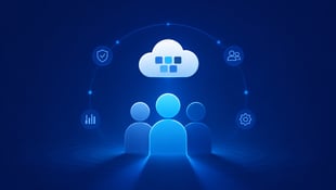 Three glowing user figures beneath a Microsoft 365 cloud ringed by security, analytics, and settings icons, representing people-centered change management for cloud adoption.