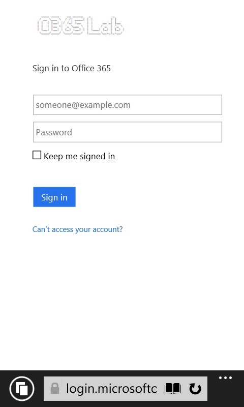 Office 365 Lab sign-in window