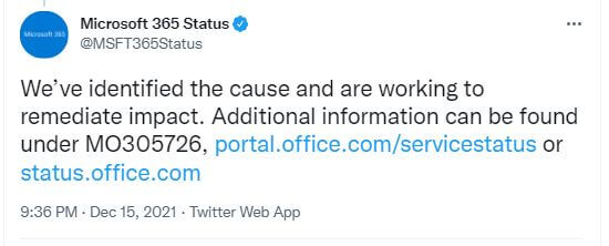 Office 365 Monitoring: Microsoft 365 Services Access Issue (Dec. 15, 2021)