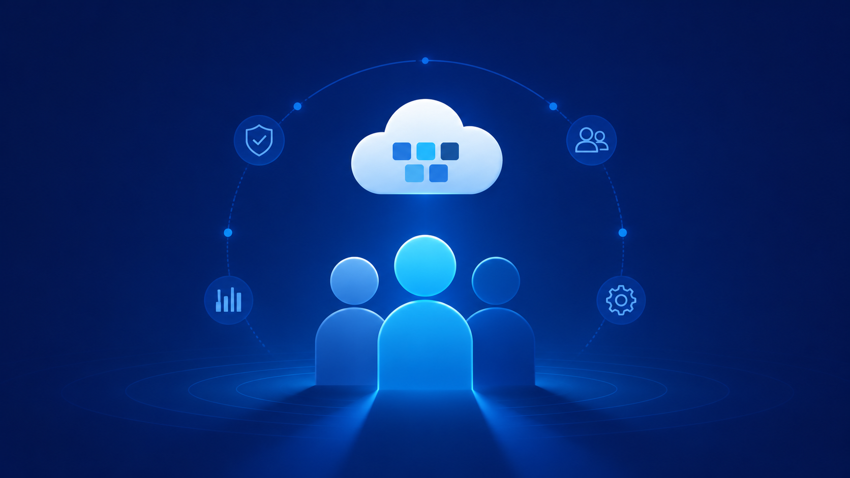 Three glowing user figures beneath a Microsoft 365 cloud ringed by security, analytics, and settings icons, representing people-centered change management for cloud adoption.